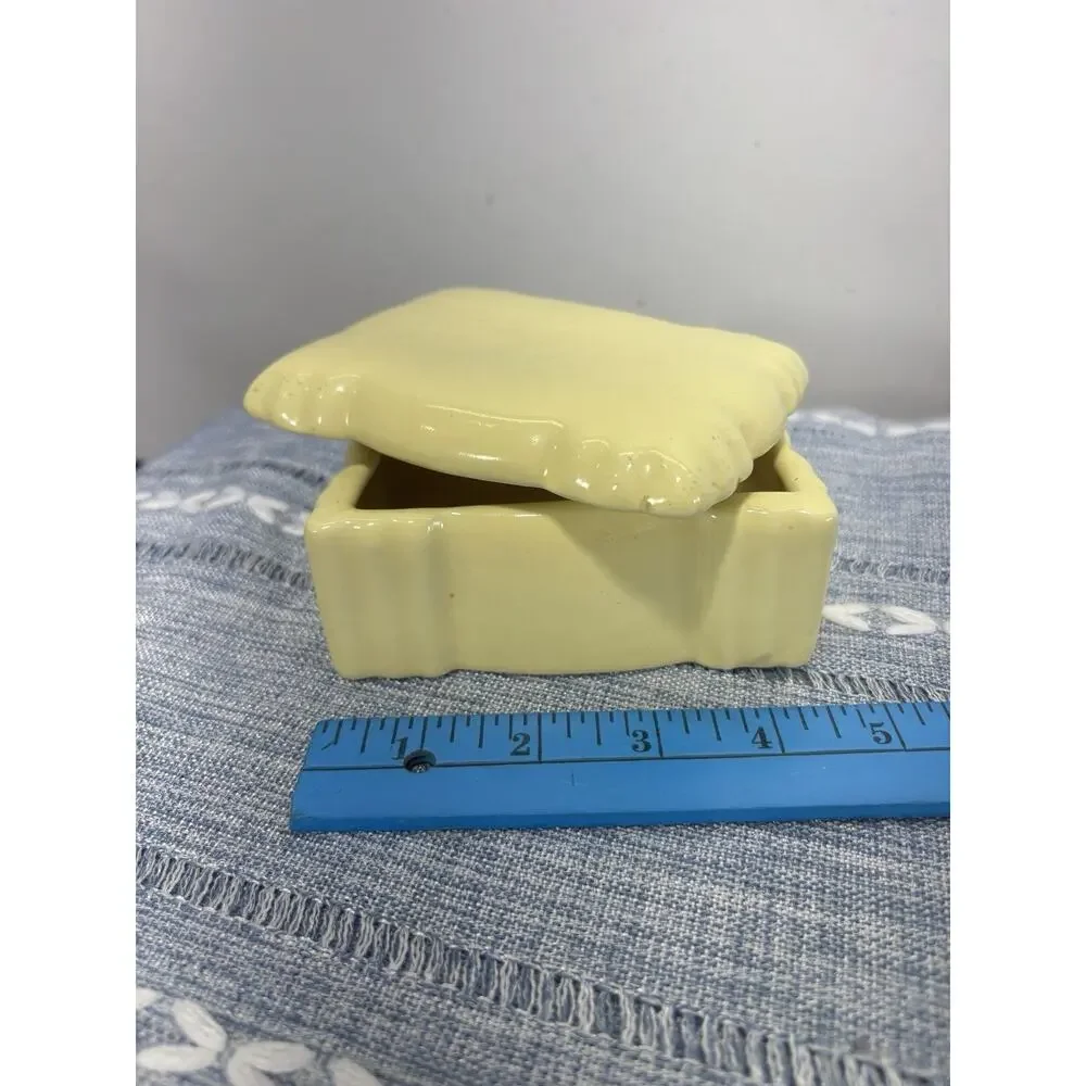 Vintage Yellow Ceramic Pillow Trinket Box Lidded Jewelry Box Retro Decor